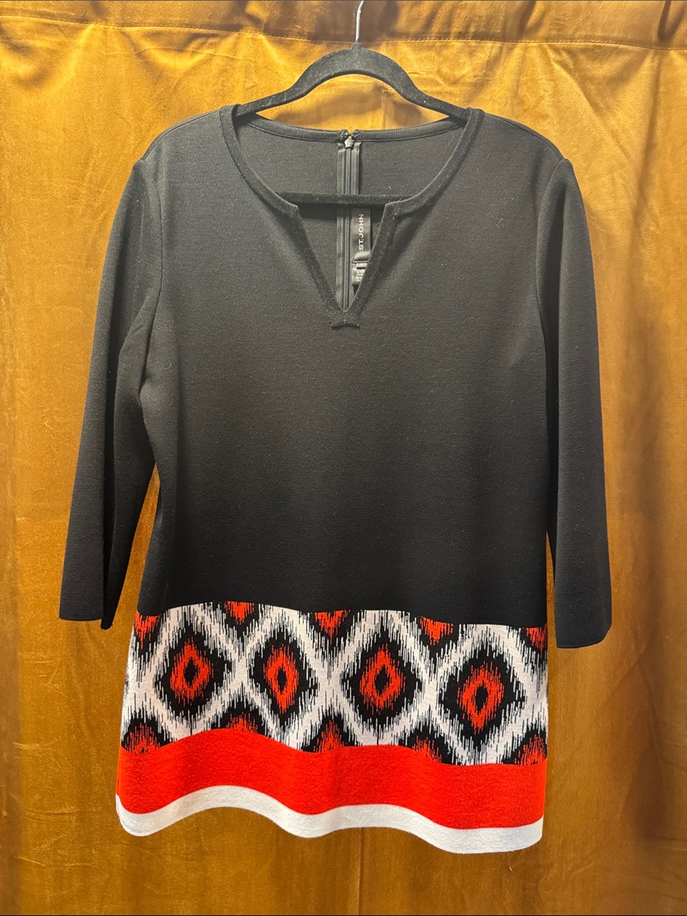 St. John Black Tunic with Red, White and Black Geometric Hem